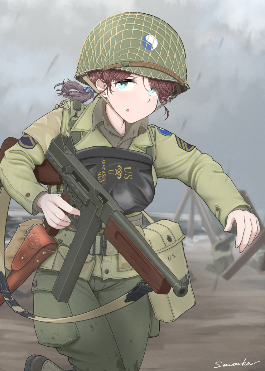 1girl, absurdres, artist_name, blue_eyes, brown_hair, czech_hedgehog, green_jacket, green_pants