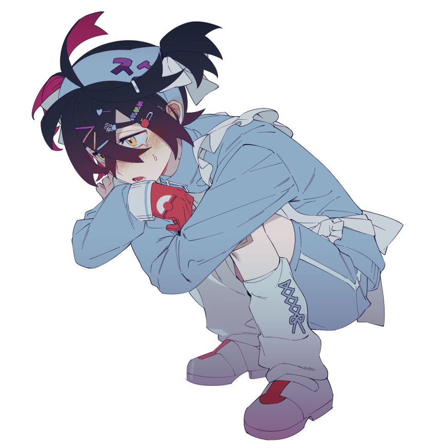 1boy, absurdres, alternate_costume, apron, bandaid, bandaid_on_knee, bandaid_on_leg, black_hair
