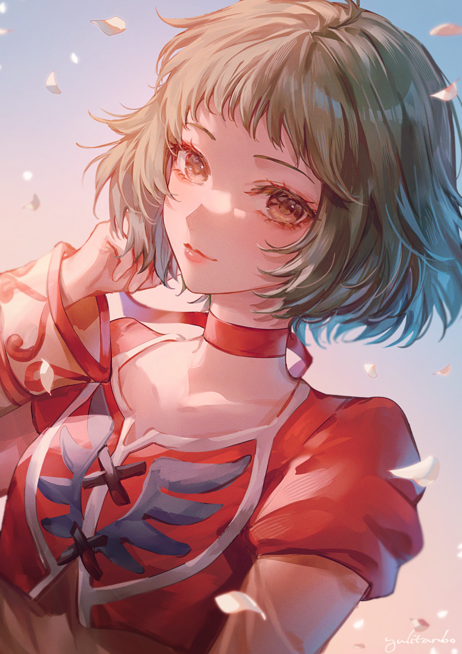 1girl, brown_eyes, farah_oersted, highres, inomata_mutsumi_(person), neck_ribbon, petals, red_ribbon, red_shirt, ribbon, shirt, short_hair, signature, solo, tales_of_(series), tales_of_eternia, white_petals, yuli_(yulipo)