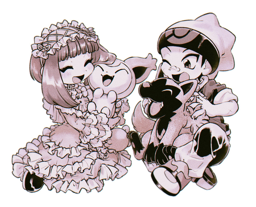 1boy, 1girl, :d, ^_^, bandaid, bandaid_on_face, bandaid_on_nose, brendan_(pokemon)