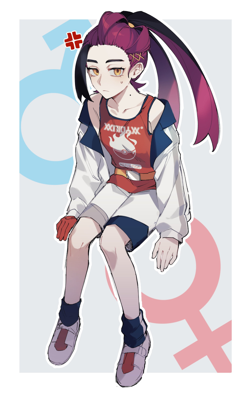 1girl, absurdres, anger_vein, black_hair, blue_socks, closed_mouth, full_body, genderswap