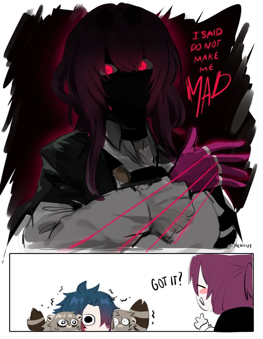 2boys, 2girls, absurdres, blade_(honkai:_star_rail), caelus_(honkai:_star_rail), chest_harness, eyewear_on_head, gloves