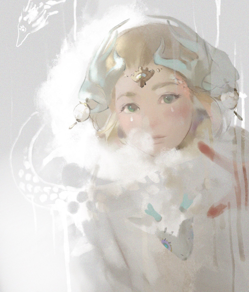 1girl, aizheajsee, blonde_hair, breath, coat, dragon, eastern_dragon, forehead_jewel