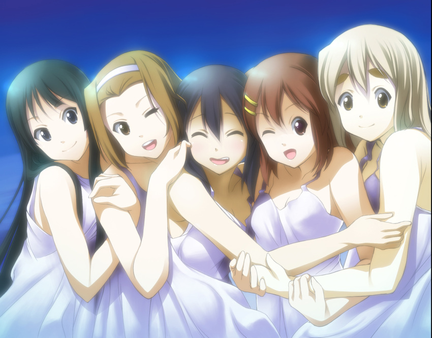 akiyama_mio, black_eyes, black_hair, blonde_hair, blue_eyes, brown_eyes, brown_hair, closed_eyes, dancho_(danch), dress, hirasawa_yui, k-on!, kotobuki_tsumugi, long_hair, multiple_girls, nakano_azusa, short_hair, sundress, tainaka_ritsu, wink