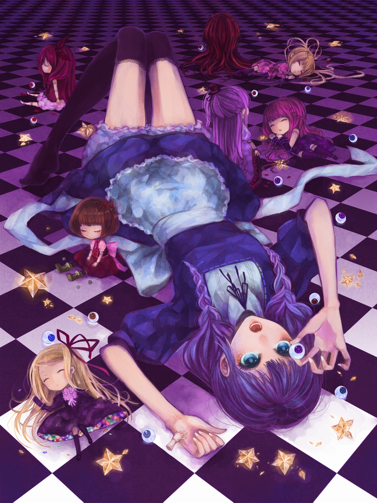 blue_eyes, braid, checkered, checkered_floor, doll, eyeball, feet, koushi_rokushiro