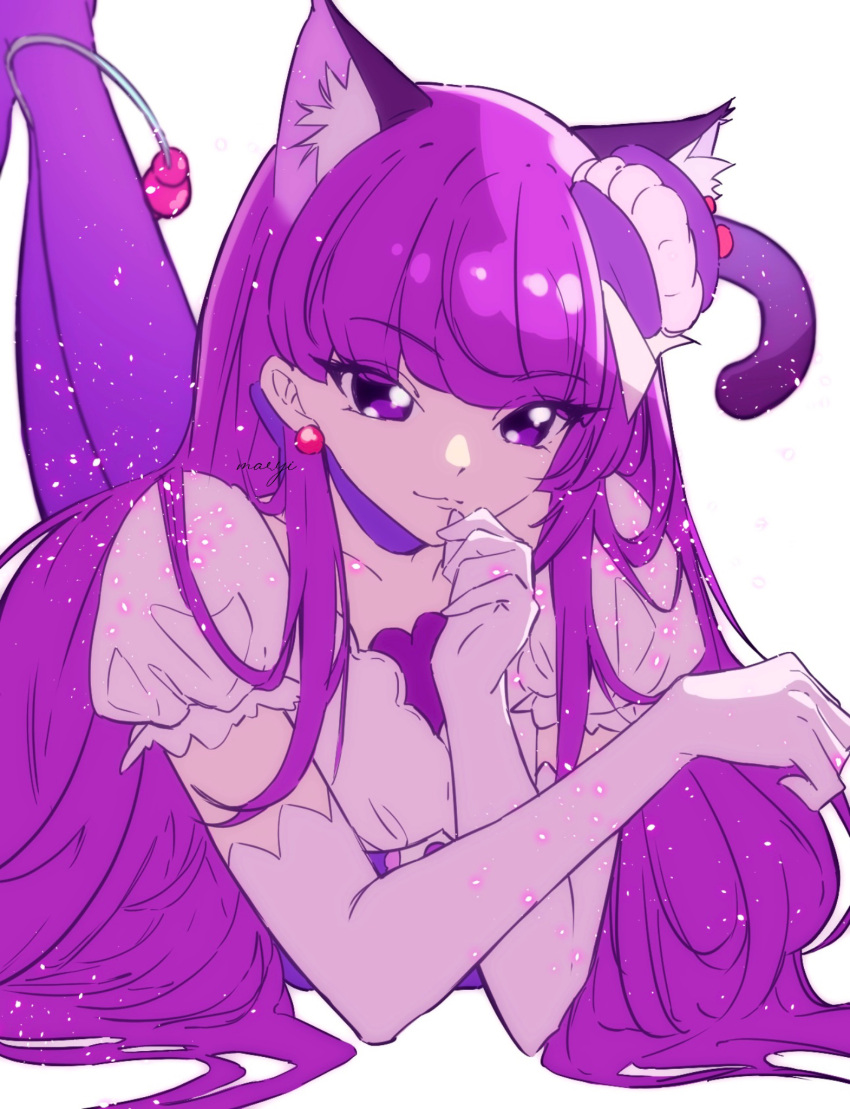 1girl, animal_ears, artist_name, cat_ears, cat_tail, choker, cure_macaron, earrings