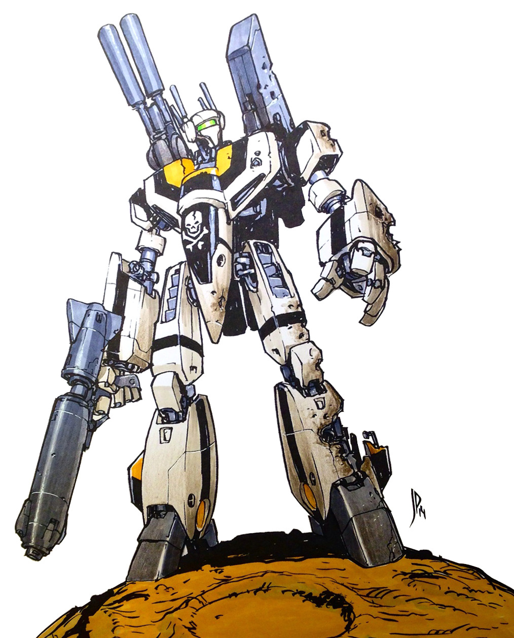 after_battle, asteroid, battroid, crater, damaged, dirty, energy_cannon, english_commentary, gunpod, highres, jake_parker, jolly_roger, looking_to_the_side, machinery, macross, macross:_do_you_remember_love?, mecha, no_humans, robot, science_fiction, shoulder_cannon, signature, vf-1, vf-1_strike, vf-1s, western_comics_(style)