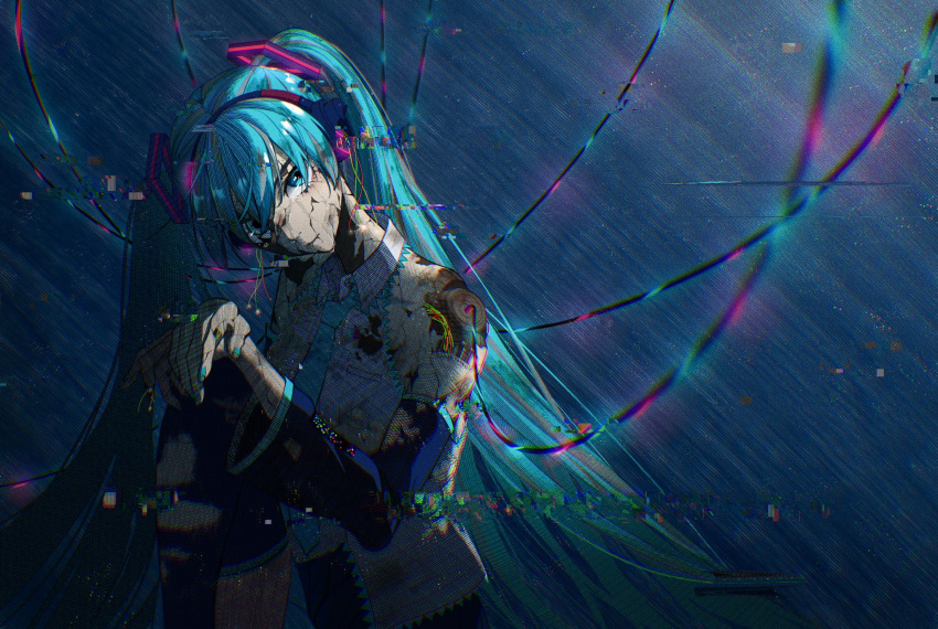 1girl, android, aqua_eyes, aqua_hair, aqua_necktie, barcode, black_skirt, black_thighhighs