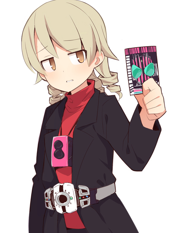 1girl, belt, black_jacket, blush, brown_eyes, brown_hair, card, cosplay