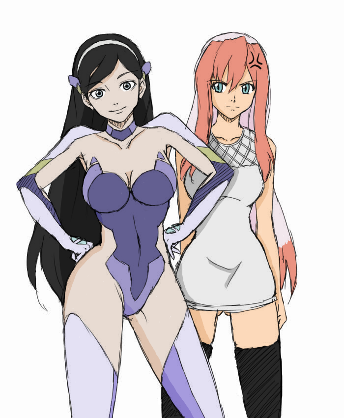 angry, arita_shion, birdy_cephon_altirra, black_hair, blue_eyes, boots, cosplay, costume_switch, crossover, drawfag, dress, dual_persona, green_eyes, kumashiro_maya, multicolored_hair, multiple_girls, pink_hair, seikimatsu_occult_gakuin, tetsuwan_birdy, tetsuwan_birdy_decode, thigh-highs, thigh_boots, thighhighs, two-tone_hair