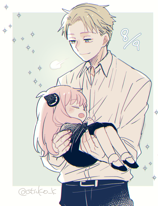 1boy, 1girl, :o, anya_(spy_x_family), artist_name, belt, belt_buckle, black_belt