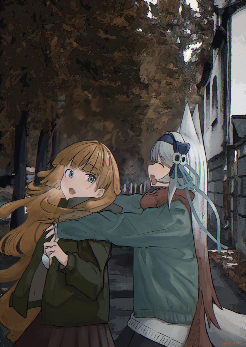 2girls, :d, :o, absurdres, animal_ears, blue_eyes, blue_hairband, blunt_bangs