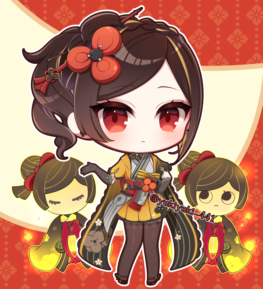 1girl, black_footwear, black_gloves, black_hair, black_thighhighs, braid, brown_hair, brown_skirt
