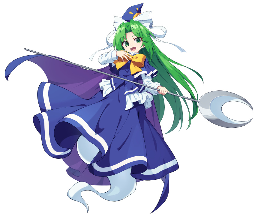 1girl, absurdres, blue_dress, blue_hat, cape, dress, full_body, ghost_tail, green_eyes, green_hair, hat, highres, hiyaya_(kochi_michikaze), holding, holding_weapon, long_hair, long_sleeves, looking_at_viewer, mima_(touhou), open_mouth, purple_cape, smile, solo, touhou, touhou_(pc-98), transparent_background, weapon