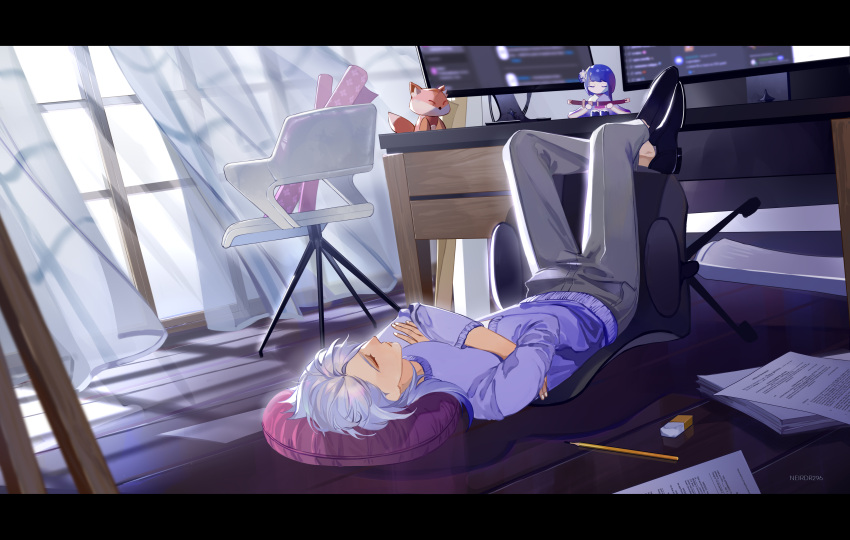 1boy, absurdres, alternate_costume, artist_name, black_footwear, blue_hair, blurry, chair