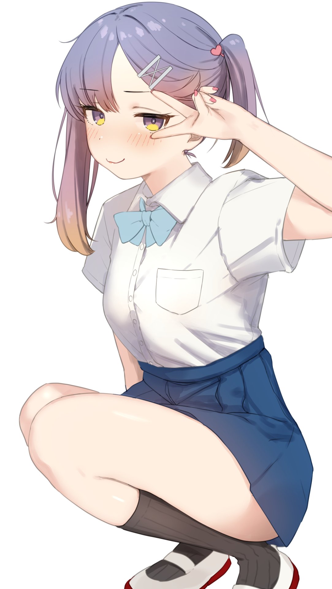 1girl, blue_skirt, blue_sky, blush, bow, bowtie, collared_shirt, gradient_hair, hair_ornament, hairclip, highres, kantai_collection, kneehighs, looking_at_viewer, multicolored_hair, orange_hair, pink_hair, pleated_skirt, purple_hair, sakieko, shirt, shoes, short_sleeves, simple_background, skirt, sky, smile, socks, solo, tsushima_(kancolle), uwabaki, v, v_over_eye, white_background, white_shirt, yellow_eyes