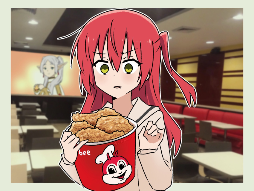 2girls, bocchi_the_rock!, bucket_of_chicken, burger, chicken_(food), commentary, elf, english_commentary