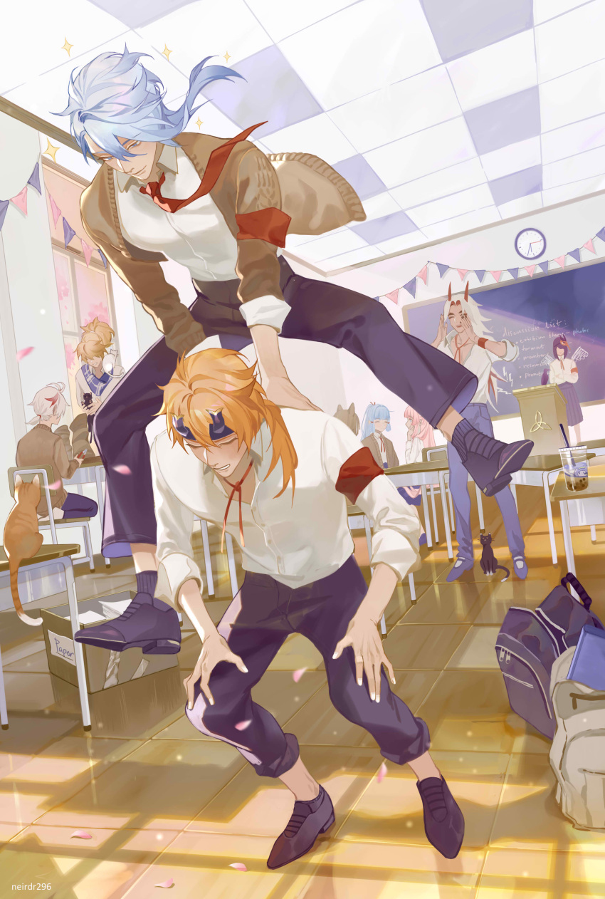 3girls, 6+boys, absurdres, alternate_costume, animal, animal_ears, animal_on_shoulder, arataki_itto