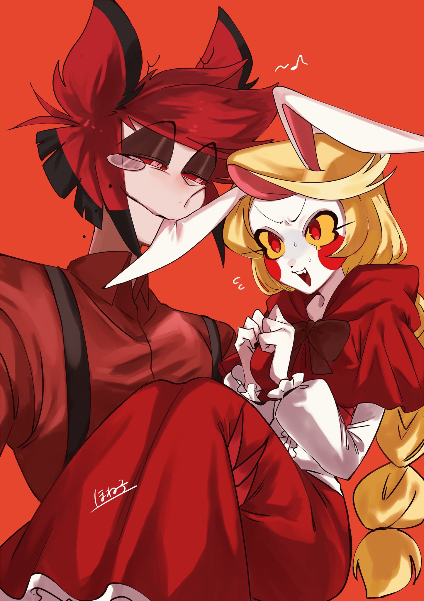 1boy, 1girl, alastor_(hazbin_hotel), alternate_costume, alternate_hairstyle, animal_ears, black_hair, blonde_hair, carrying, charlie_morningstar, colored_sclera, commentary_request, formal, hazbin_hotel, highres, honeko_06, long_hair, multicolored_hair, nibbling, ponytail, princess_carry, rabbit_ears, red_background, red_eyes, red_sclera, redhead, short_hair, simple_background, suit, yellow_sclera