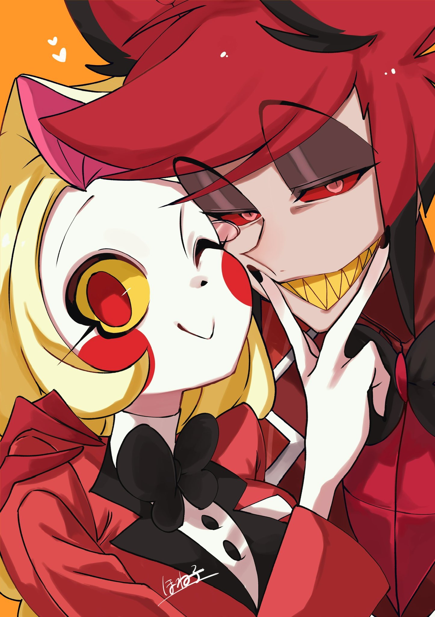 1boy, 1girl, alastor_(hazbin_hotel), black_hair, blonde_hair, charlie_morningstar, colored_sclera, commentary_request
