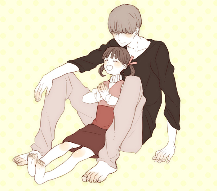 barefoot, blush, brown_hair, child, doujima_nanako, feet, grey_hair, kimidori