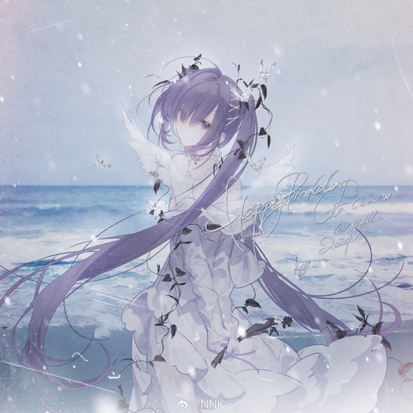1girl, 2024, angel_wings, bare_shoulders, bug, butterfly, commission, dated