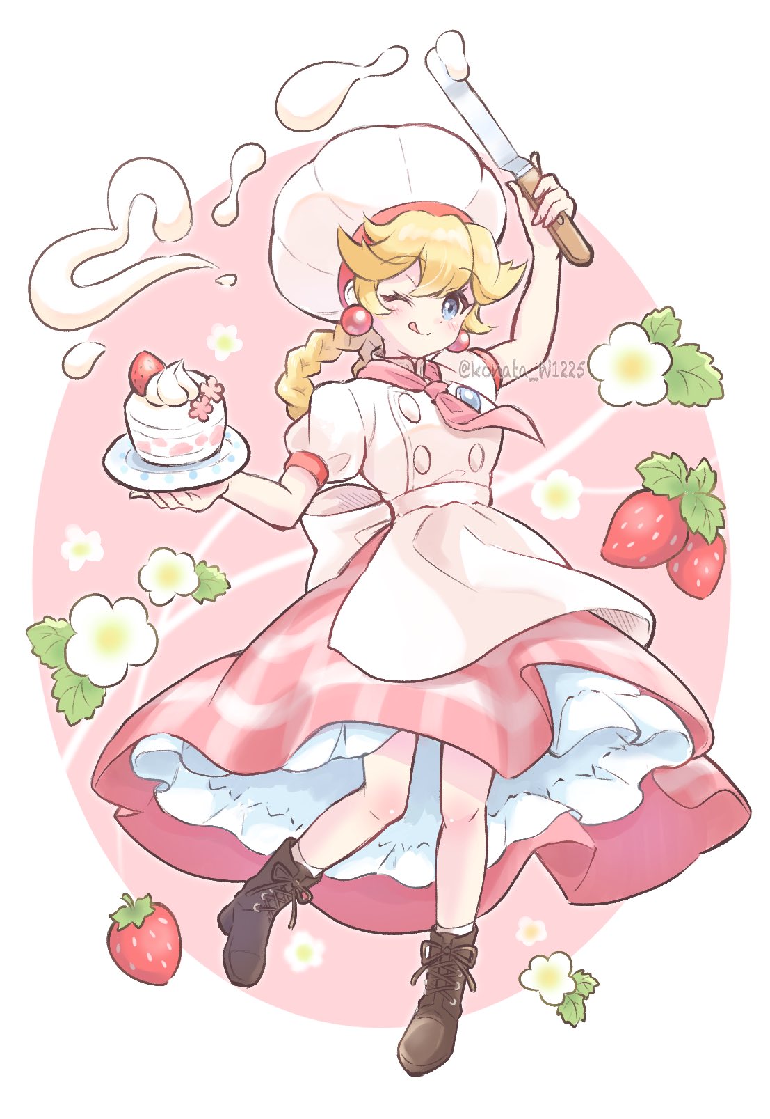 1girl, apron, artist_name, boots, braided_hair_rings, brown_footwear, cake, chef_hat