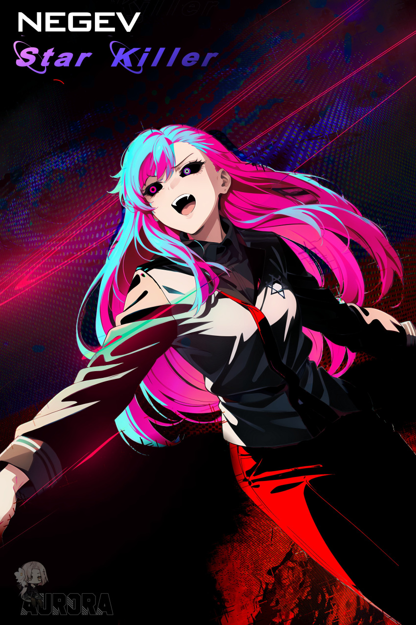 absurdres, badtotheblade, evil_smile, girls_frontline, highres, negev_(girls'_frontline), negev_(obsidian_princess)_(girls'_frontline), sharp_teeth