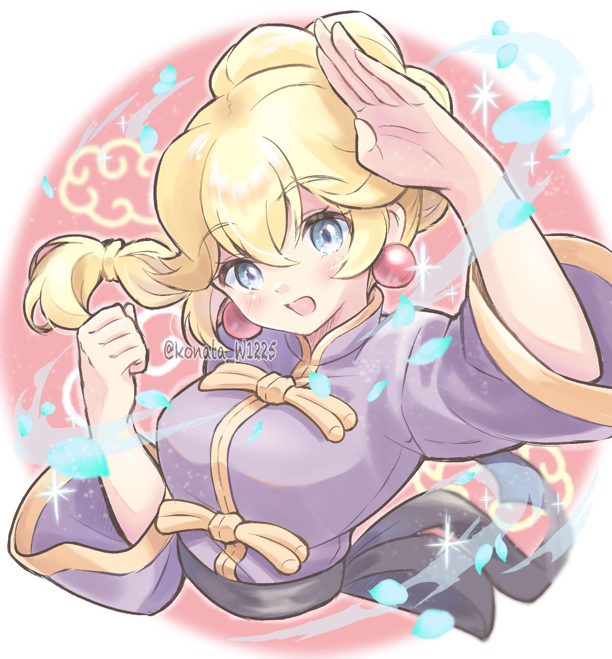 1girl, artist_name, black_sash, blonde_hair, blue_eyes, braid, braided_ponytail, changpao