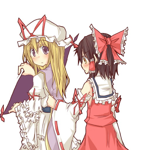 blush, clothes_grab, gap, hakurei_reimu, looking_back, looking_down, multiple_girls, natsuk