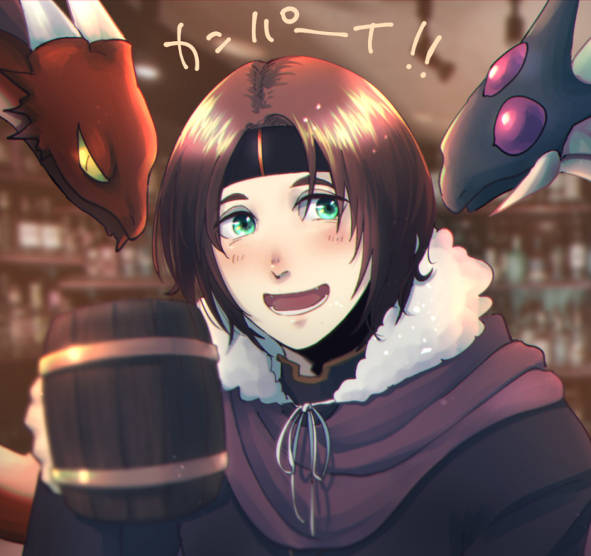 1boy, ashton_anchors, beer_mug, blush, bottle, brown_hair, cape, cup