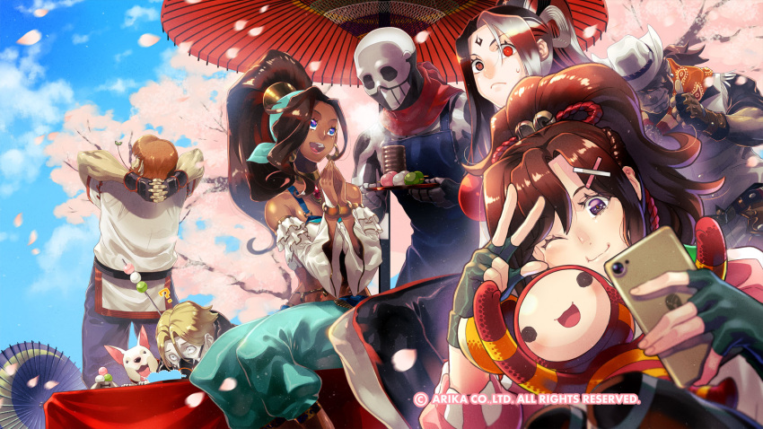 3girls, 5boys, ?, breasts, cellphone, character_request, closed_mouth, clouds, dango, dark-skinned_female, dark_skin, dog, fighting_ex_layer, fingerless_gloves, food, gloves, hair_ornament, highres, holding, holding_phone, knitty_(technictix), long_hair, looking_at_viewer, multiple_boys, multiple_girls, nanase_(street_fighter), official_art, official_wallpaper, one_eye_closed, open_mouth, phone, pullum_purna, shirase_(street_fighter), skullomania, smile, street_fighter, street_fighter_ex_(series), technictix, tree, umbrella, v, wagashi, x_hair_ornament