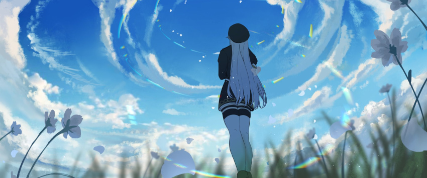 1girl, 86_-eightysix-, arms_at_sides, black_hat, black_jacket, black_skirt, blue_sky, blurry