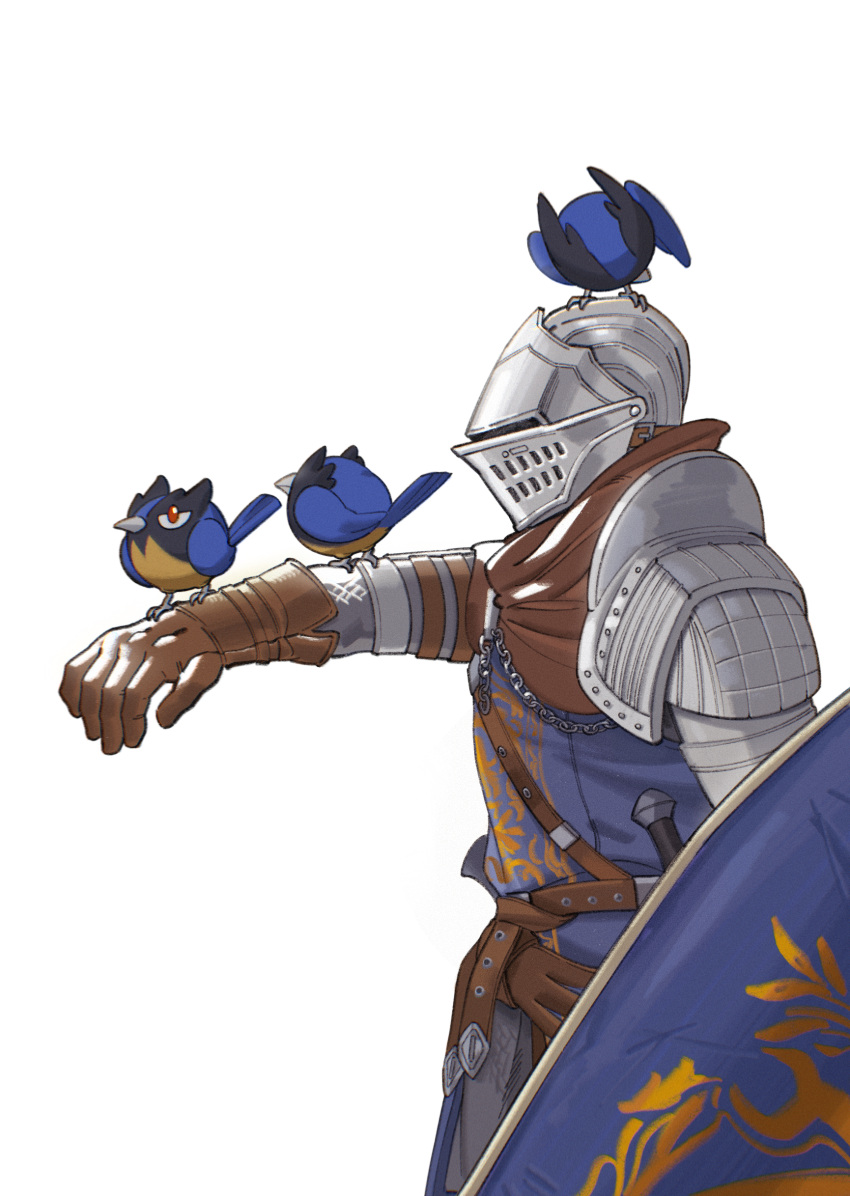 1boy, absurdres, armor, belt, bird, brown_belt, brown_gloves, brown_scarf, dark_souls_(series), dark_souls_i, from_side, gloves, helm, helmet, highres, knight_of_astora_oscar, pokemon, pokemon_(creature), rookidee, scarf, shield, shoulder_armor, simple_background, solo, upper_body, white_background, yixu_damengde
