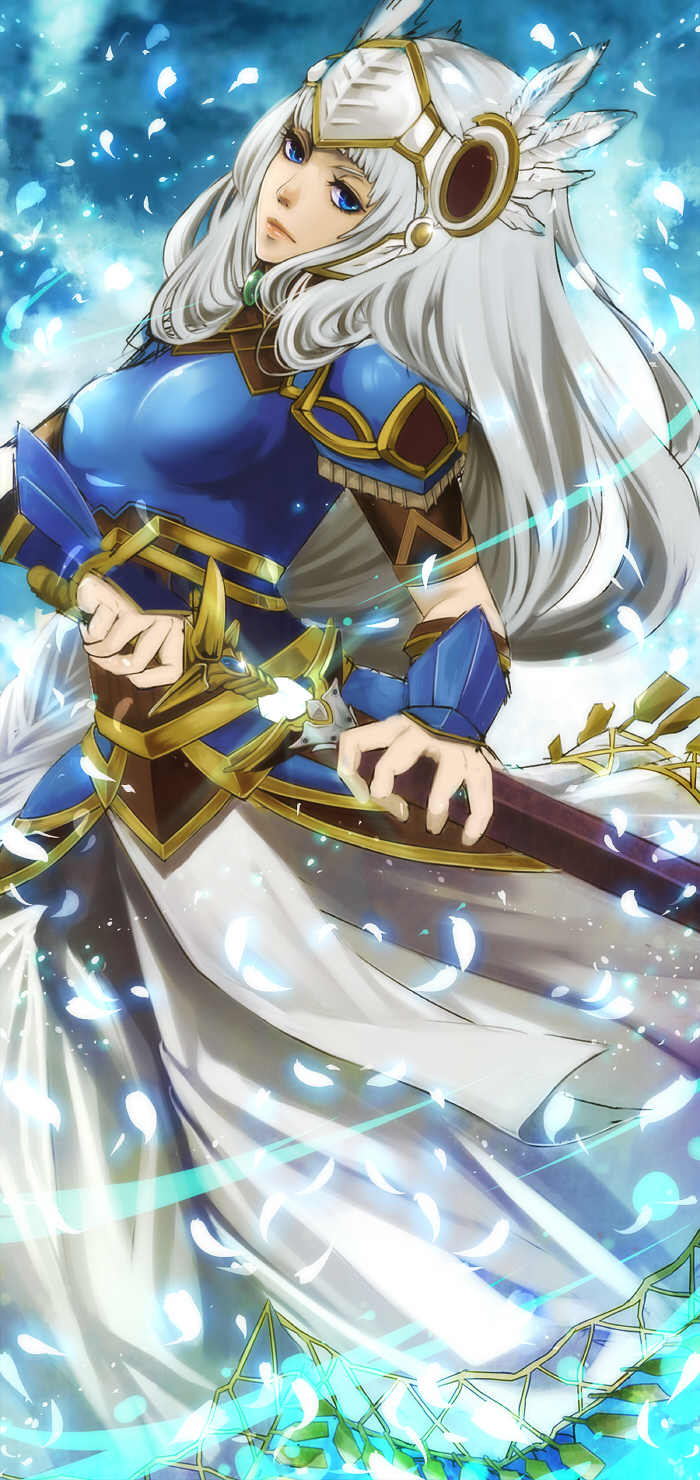 armor, armored_dress, blue_eyes, helmet, highres, lenneth_valkyrie, long_hair, petals