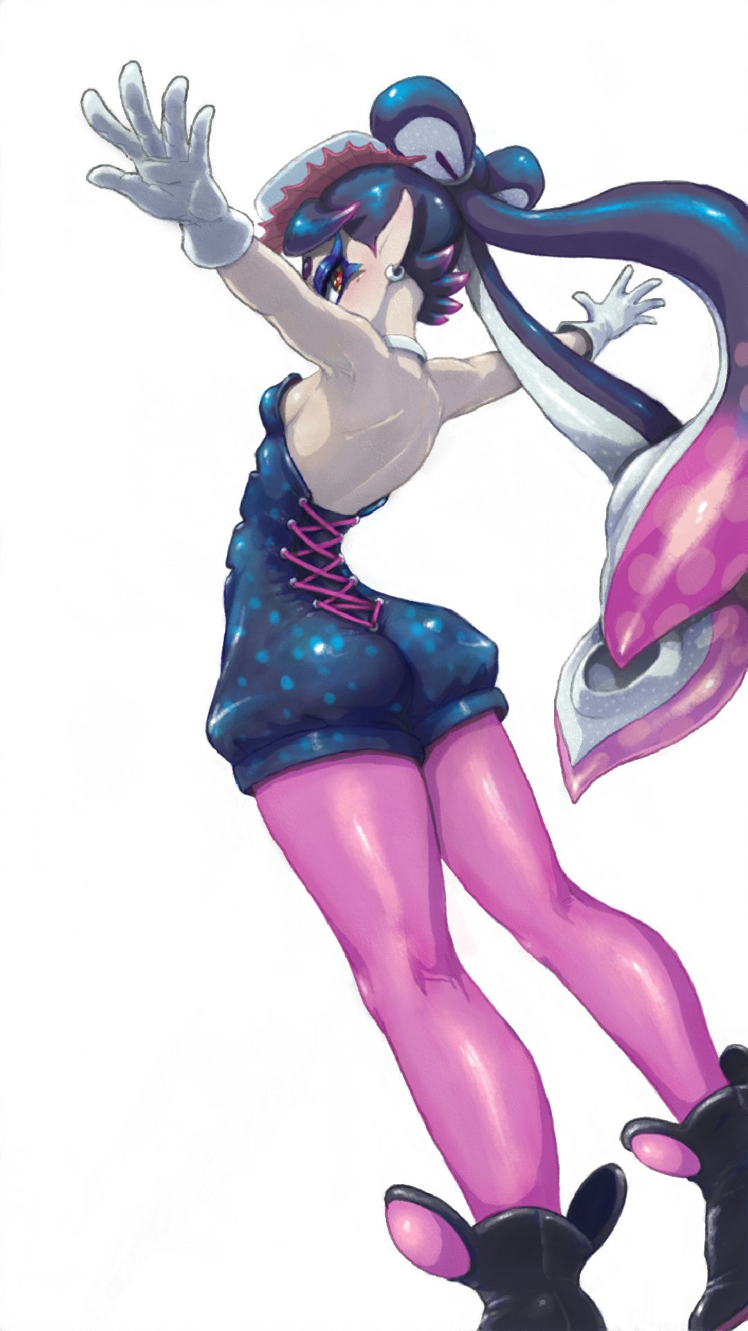 1girl, ass, bare_back, bare_shoulders, black_footwear, breasts, callie_(splatoon), callie_(squid_sisters_outfit)_(splatoon), earrings, from_behind, gloves, highres, inkling, jewelry, koharu2.5, long_hair, outstretched_arms, pantyhose, pink_pantyhose, pointy_ears, shoes, sideboob, simple_background, small_breasts, solo, splatoon_(series), splatoon_1, tentacle_hair, twintails, very_long_hair, white_background, white_gloves