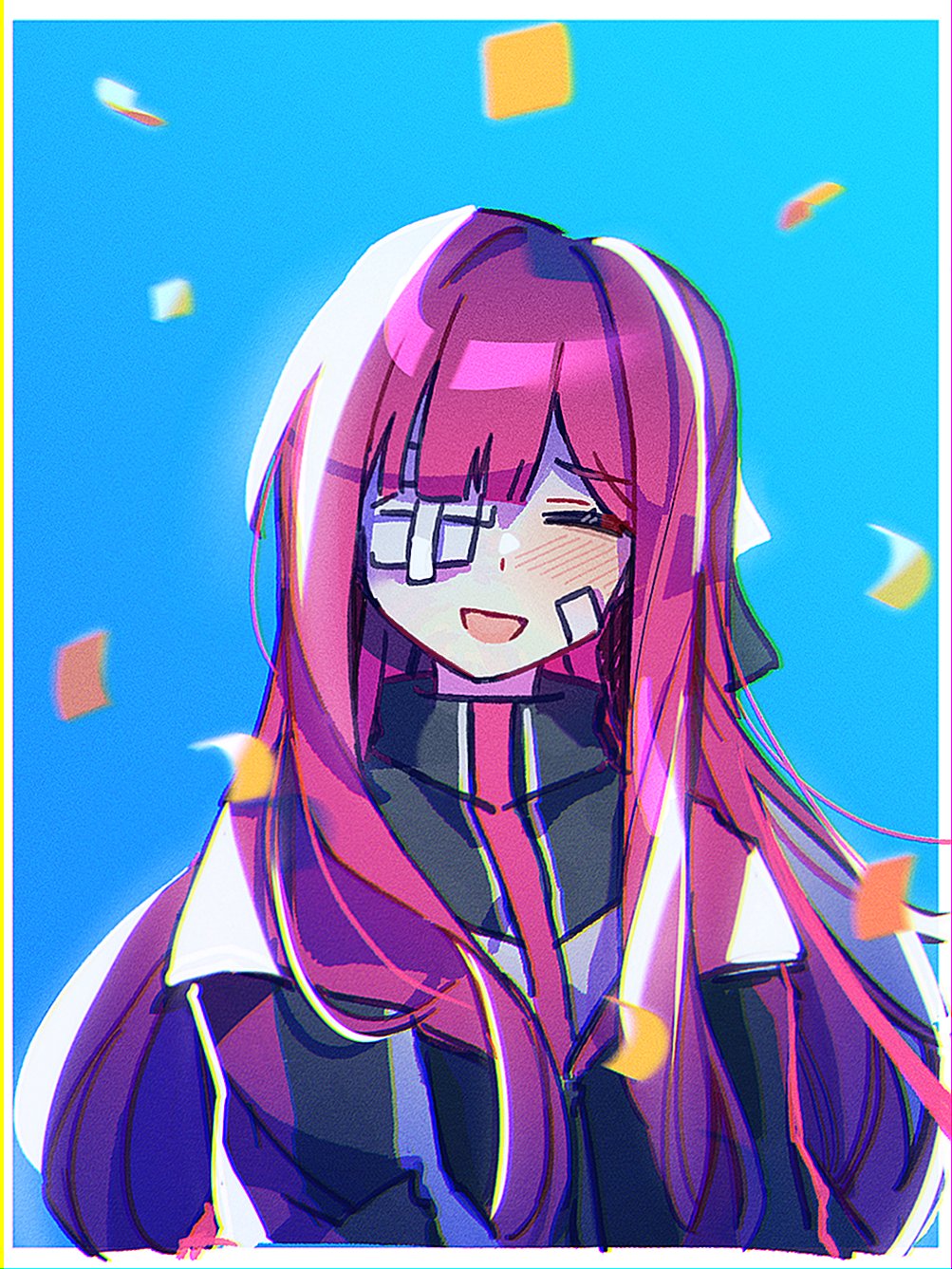 1girl, :d, bandage_over_one_eye, bandaid, bandaid_on_cheek, bandaid_on_face, black_jacket, blue_background