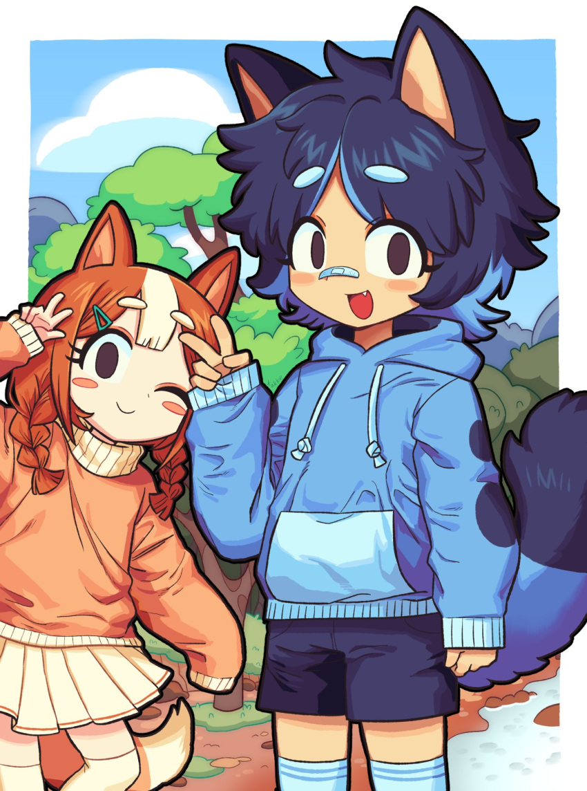 2girls, :d, androgynous, animal_ears, bingo_heeler, blue_hair, blue_shorts, blue_sky