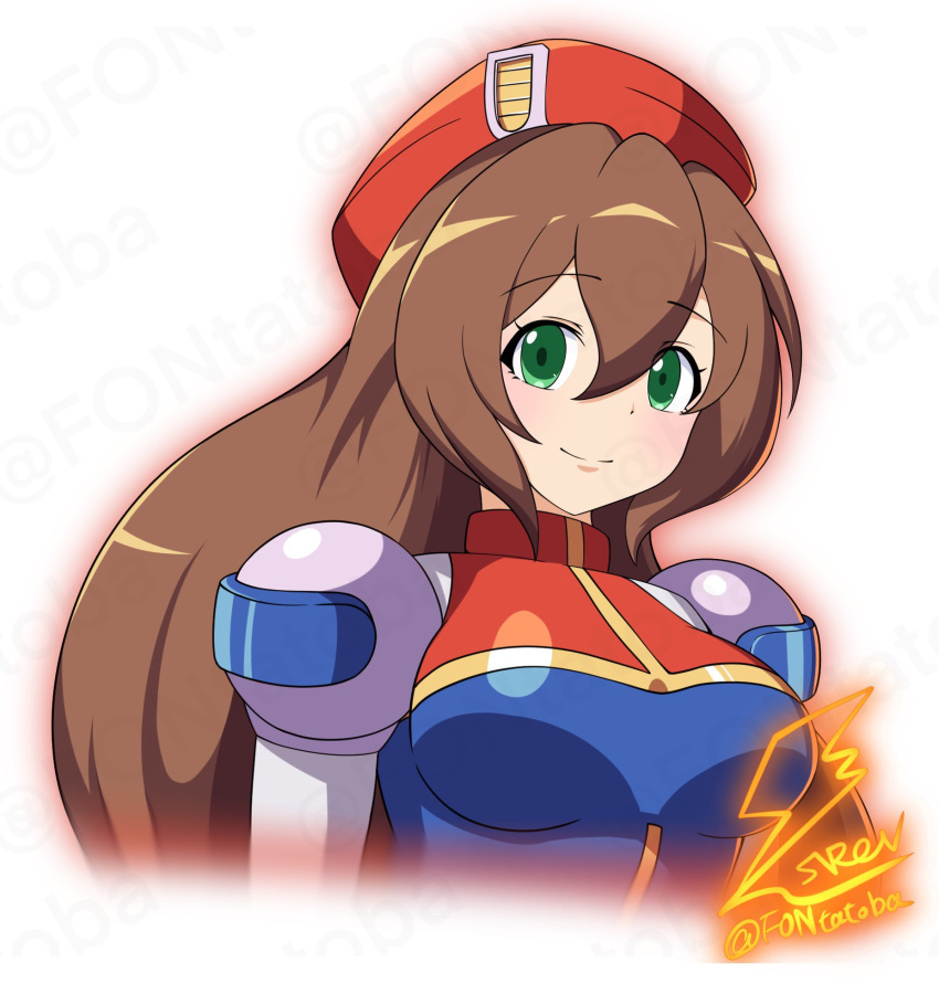 1girl, android, artist_logo, blue_dress, breasts, brown_hair, close-up, dress, fontatoba, green_eyes, highres, iris_(mega_man), looking_at_viewer, medium_breasts, mega_man_(series), mega_man_x_(series), multicolored_clothes, multicolored_dress, red_dress, red_hat, robot_girl, simple_background, smile, solo, twitter_username, white_background
