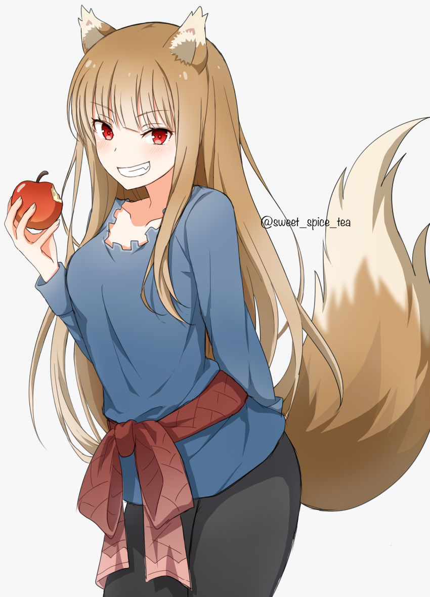 1girl, absurdres, animal_ear_fluff, animal_ears, apple, arm_behind_back, bitten_apple, black_pants