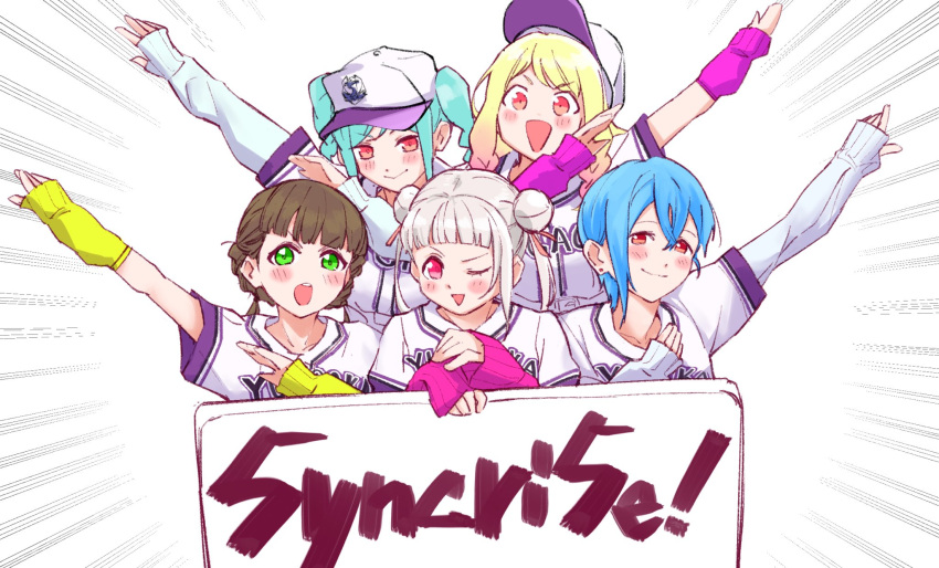 5girls, 5yncri5e!_(love_live!), arashi_chisato, arm_warmers, blonde_hair, blue_hair, blunt_bangs, blush