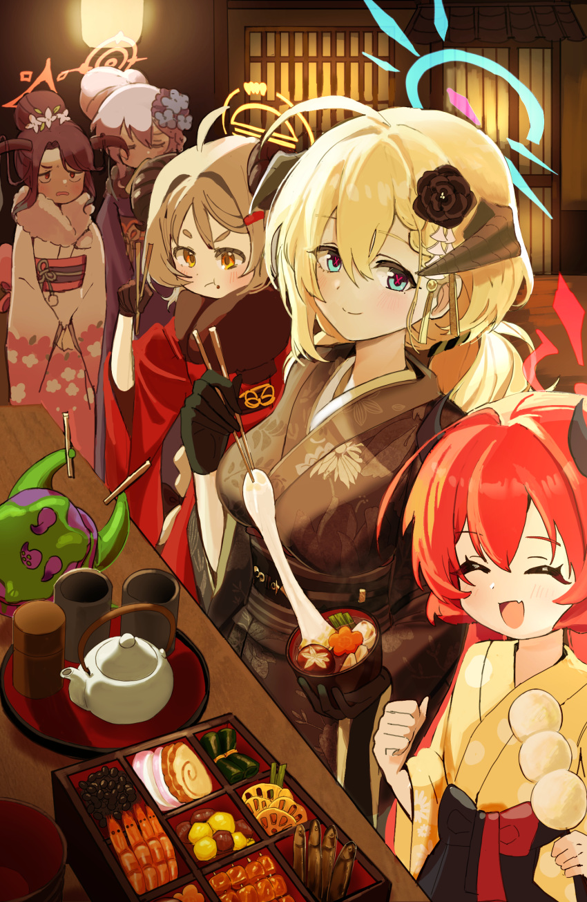 5girls, absurdres, akari_(blue_archive), akari_(new_year)_(blue_archive), black_hair, black_horns, black_kimono, blonde_hair