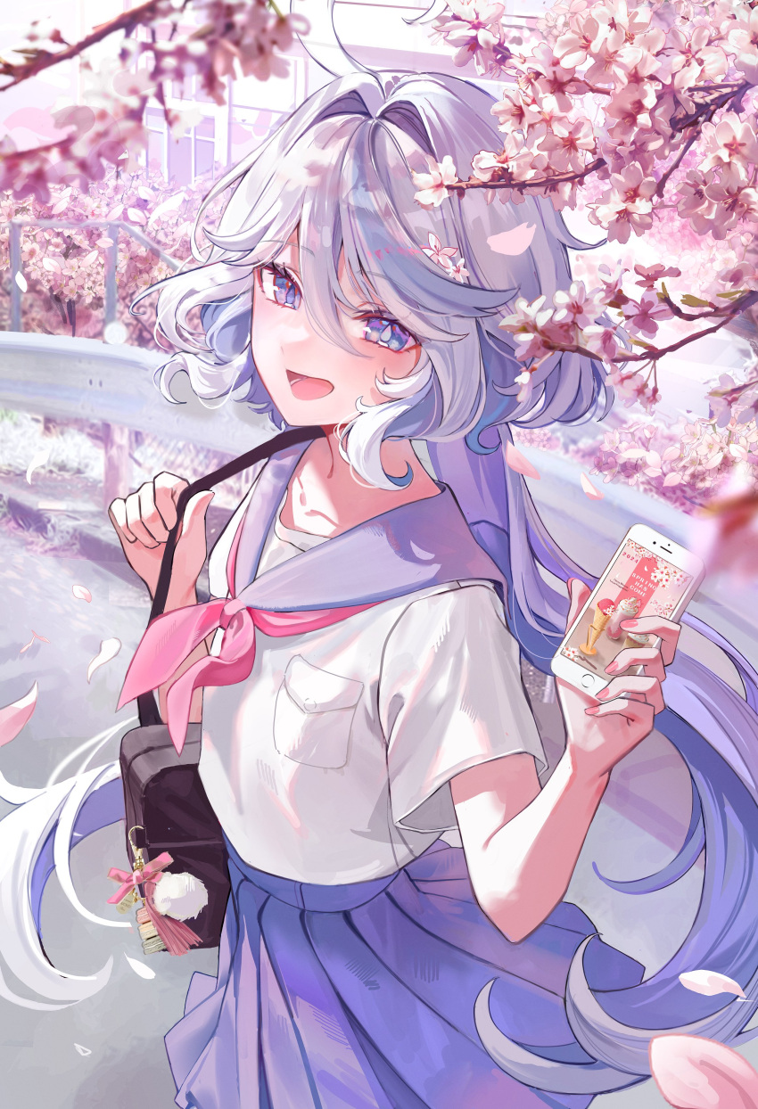 1girl, :d, absurdres, ahoge, alternate_costume, bag, blue_eyes, blue_sailor_collar, blue_skirt, breast_pocket, cellphone, cherry_blossoms, commentary, contemporary, cowboy_shot, dasha, furina_(genshin_impact), genshin_impact, hair_intakes, highres, holding, holding_phone, long_hair, looking_at_viewer, miniskirt, neckerchief, open_mouth, phone, pink_neckerchief, pleated_skirt, pocket, sailor_collar, school_bag, school_uniform, serafuku, shirt, skirt, smartphone, smile, solo, standing, very_long_hair, white_hair, white_shirt