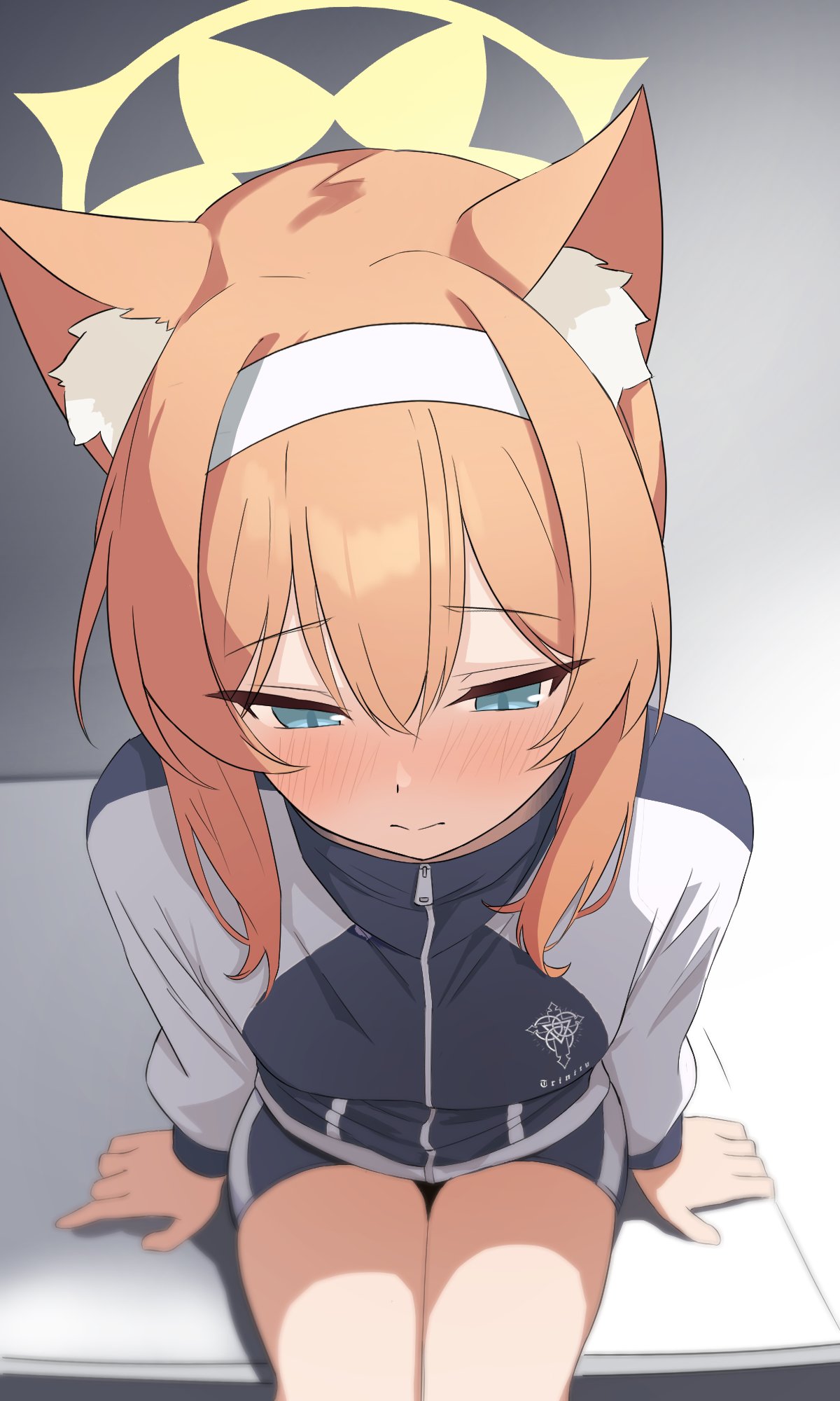 1girl, animal_ear_fluff, animal_ears, arm_support, arms_at_sides, blue_archive, blue_eyes, blush