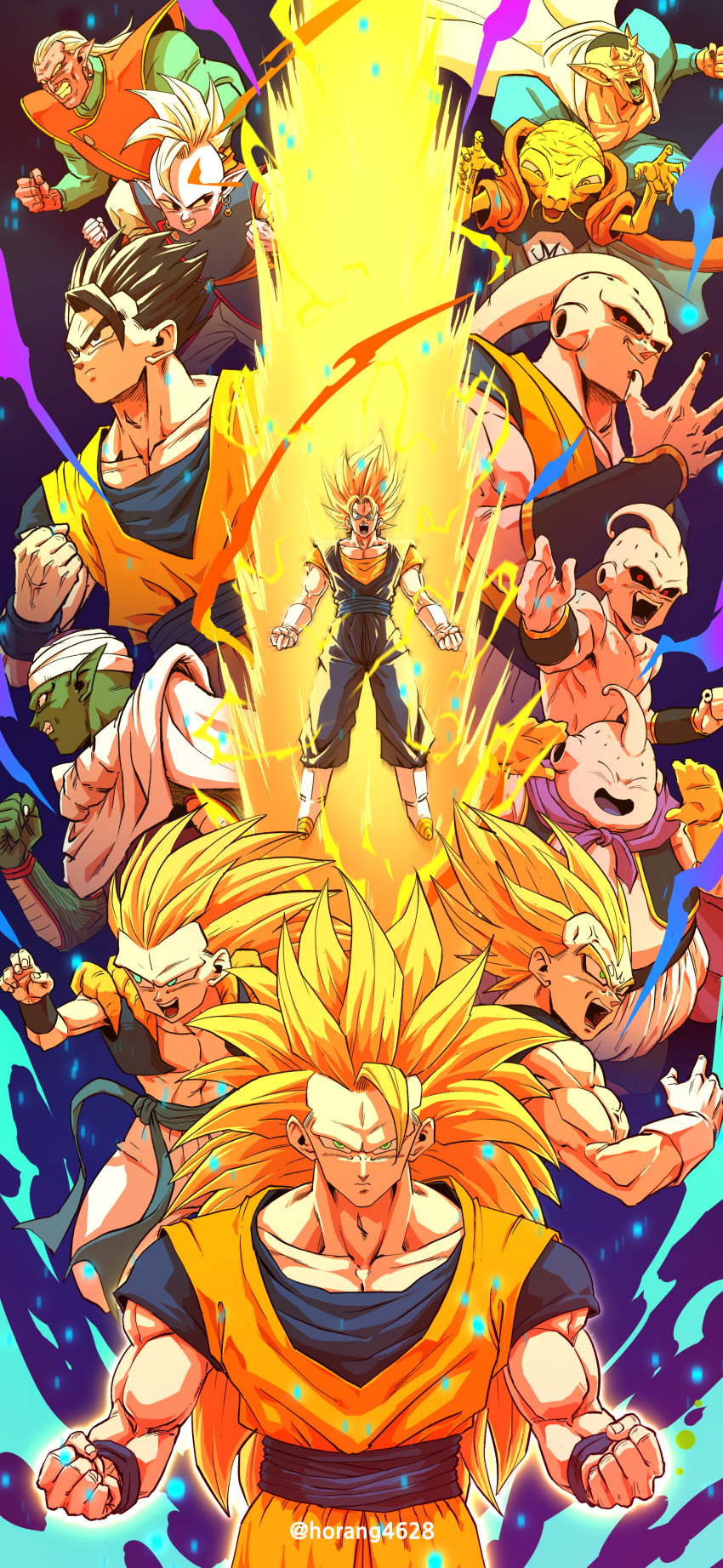 6+boys, absurdres, aura, babidi, black_hair, black_sclera, blonde_hair, blue_pants