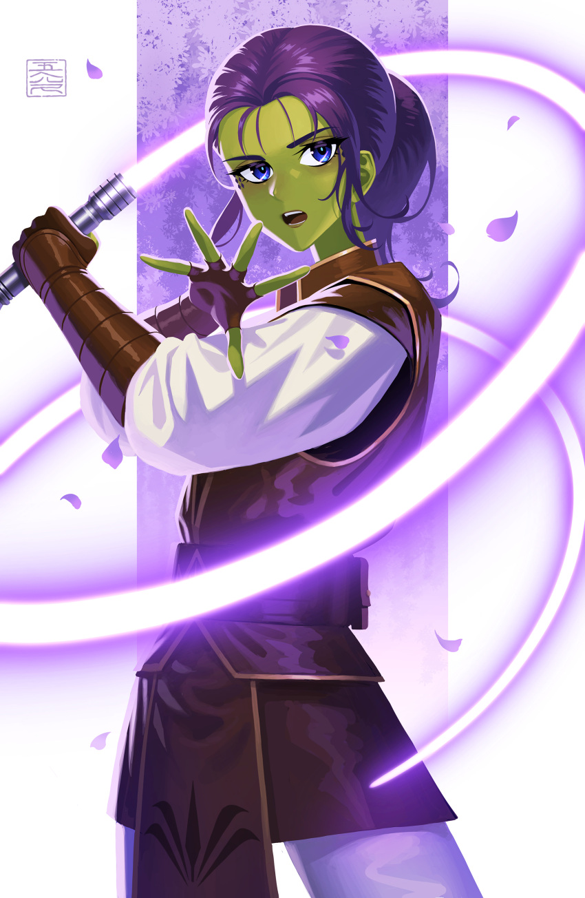 1girl, 5health, absurdres, alien, blue_eyes, brown_gloves, brown_tunic, colored_skin