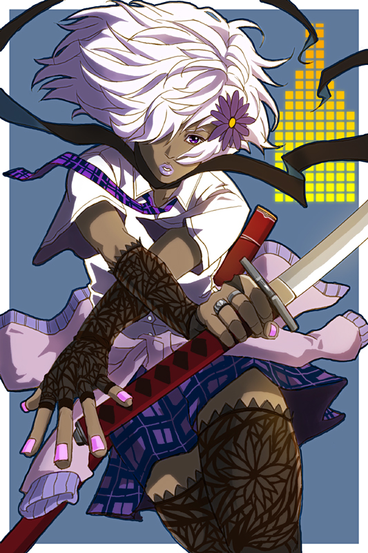 dark_skin, flower, gloves, hair_ornament, katana, lace, lipstick, nail_polish