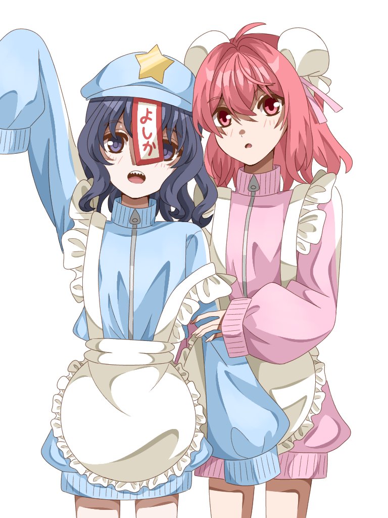 2girls, alternate_costume, apron, arm_hug, arm_up, black_hair, blue_jacket, blush