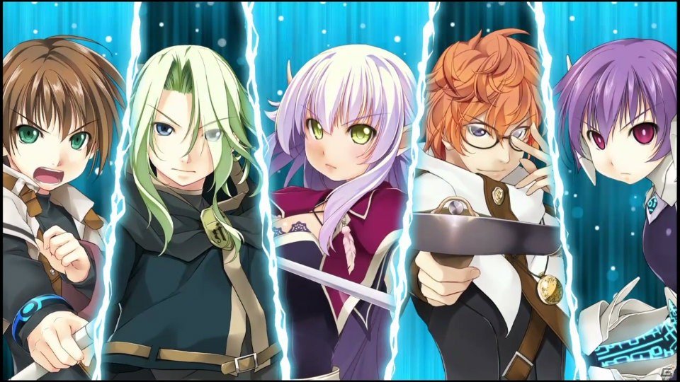 2girls, 3boys, adjusting_eyewear, alto_travers, astel(wizards_symphony), atelier-moo, belt, bespectacled, blue_eyes, breasts, brown_hair, cloak, closed_mouth, curtained_hair, dark_elf, eleick_meola, elf, flat_chest, glasses, golem, green_eyes, green_hair, hair_between_eyes, hood, hooded_jacket, jacket, large_breasts, long_hair, long_pointy_ears, long_sleeves, mechanical_arms, merak_yildis, multiple_boys, multiple_girls, open_mouth, pointy_ears, purple_cloak, purple_hair, red_eyes, robot_ears, short_hair, silvia_milsteen, smile, standing, tooth, very_long_hair, white_cloak, wizards_symphony, yellow_eyes