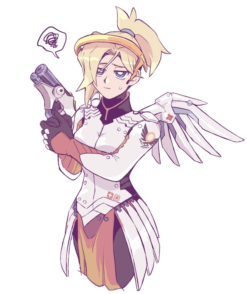 1girl, black_gloves, blonde_hair, blue_eyes, bodysuit, breasts, gloves, gun